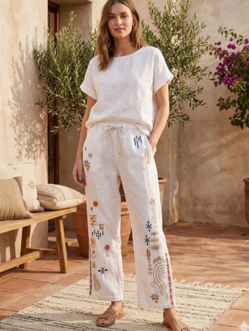 Johnny Was Embroidery 100% Linen Elektra Pants Sz Lg